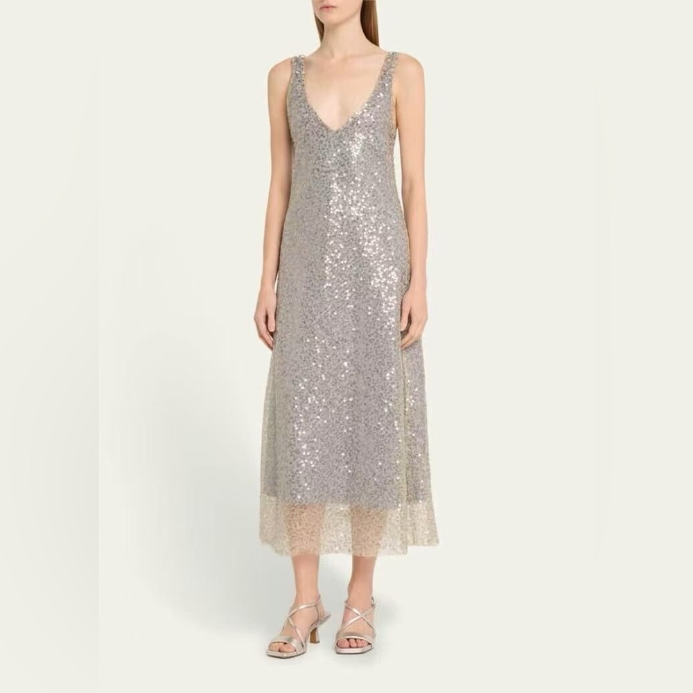 NWT $595 Vince Sequined Metallic Lace Midi Dress - Silver - Picture 4 of 11